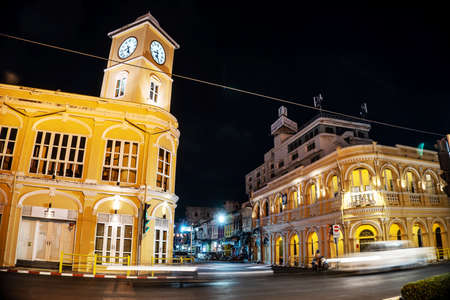 Thailand - Feb 12, 2020 : View of Chino-Portuguese style building with clock tower after renovated located at Phuket old town in night, landmark of Phuket Town, Phuketのeditorial素材