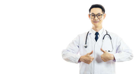 Asian good doctor man smile and thumbs up for best health and insurance package plan for advertising, over isolated white backgroundの写真素材