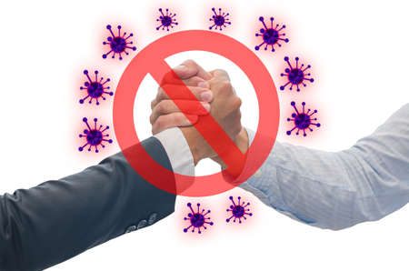 Stop shaking hands.Prevent virus from spreading with red forbidden sign, avoiding physical contact and corona virus infection, Prevent corona outbreak.の写真素材