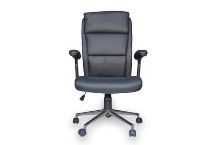 Black leather office chair with black backrest, black seat and handles, on wheels isolated on white background,  with clipping pathの写真素材