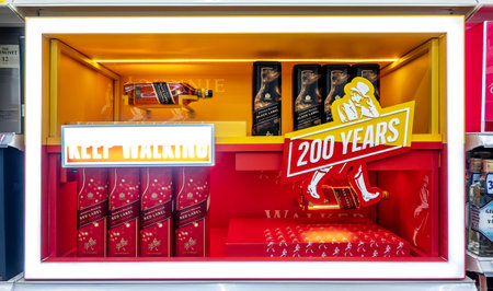 Bangkok, ThailandâDec 10, 2020: Shelves of Johnnie Walker Whisky Bottles, Popular variants of Johnnie Walker Scotch Whiskey at an aisle of a liquor store or supermarketのeditorial素材
