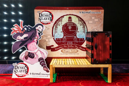 BANGKOK - Nov 18, 2020: A beautiful standee of The Kimetsu No Yaiba movie, Demon Slayer The Movie: Mugen Train is a huge box office hit in Japan display at the cinema to promote the movieのeditorial素材