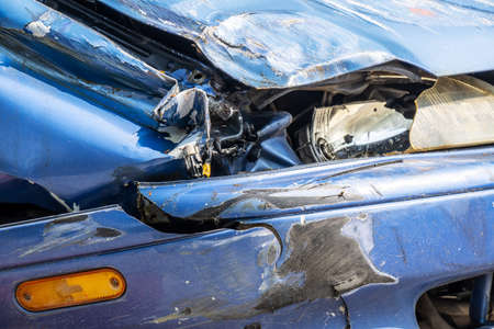 Car crash accident on the road, damaged automobiles after collision in cityの写真素材