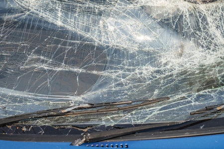 Closeup of car with broken windshield, Accident of car, Selective focusの写真素材
