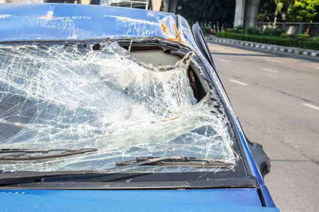 Closeup of car with broken windshield, Accident of car, Selective focusの写真素材