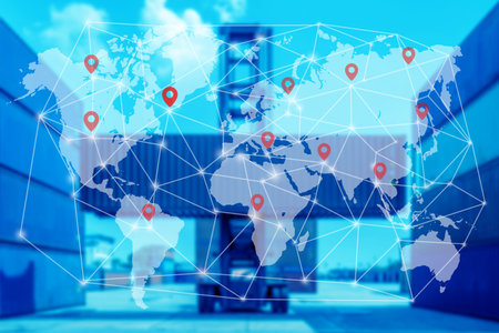 World map with logistic network distribution on background, Map global logistics partnership connection of Container Cargo freight ship for Import Export background, Online orders worldwideの写真素材