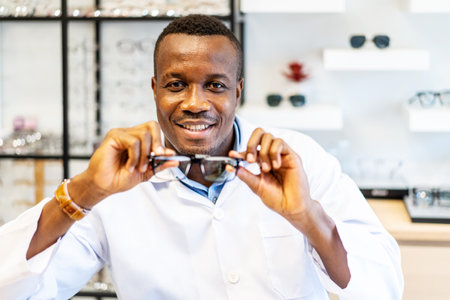 Ophthalmologist doctor african american man showing eyeglasses with new lenses for vision into the...