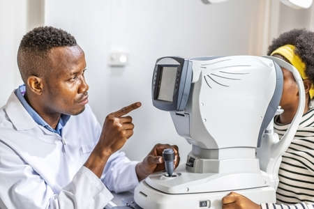 Male doctor ophthalmologist is checking the eye vision of black african american teen girl in modern clinic. Doctor and patient in ophthalmology clinic.の写真素材