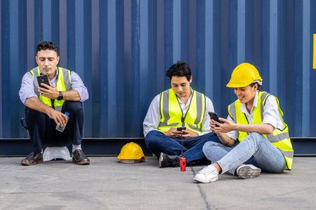 Group of workers playing, online chatting or browsing on mobile phone while taking a break at construction siteの写真素材