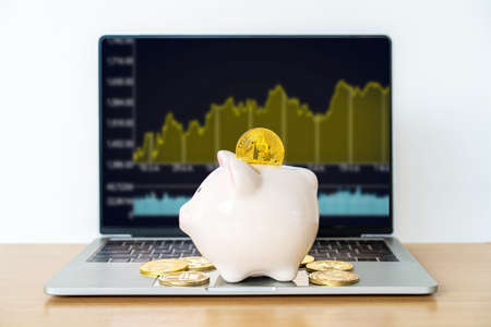 Golden bitcoin on the piggy bank money box with a computer on background.  Business and Finance, savings, Future finance, cryptocurrency trading and investment conceptの写真素材