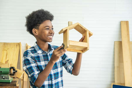 Smiling African-American boy carpenter looks at his own wooden house that helps his father happily do itの写真素材