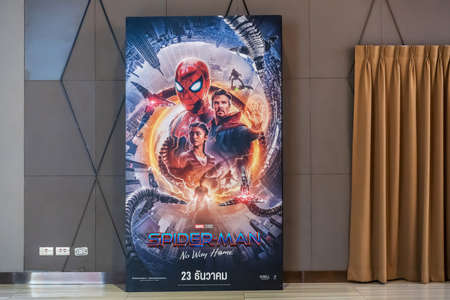 Bangkok, Thailand - Dec 17, 2021: A beautiful standee of spiderman no way home movie display at the cinema to promote the movieのeditorial素材