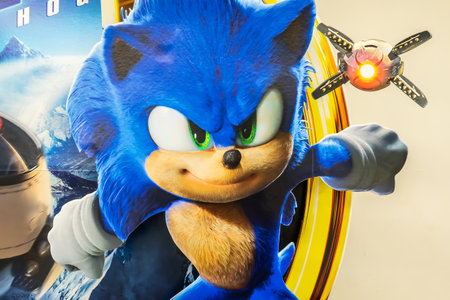 BANGKOK, THAILAND, 10 March 2022 - A beautiful standee of a movie called Sonic the hedgehog 2 display at the cinema to promote the movieのeditorial素材