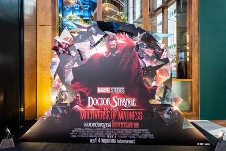 BANGKOK, THAILAND, 17 April 2022 - A beautiful standee of a movie called Doctor Strange in the Multiverse of Madness produced by Marvel Studio Display at the cinema to promote the movieのeditorial素材