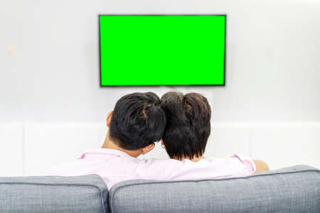Back view of young two friends or gay couple relaxing on a couch watching movie on a TV in the living room at home, LGBTQ and diversityの写真素材