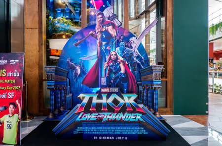 Bangkok, Thailand - June 29, 2022: Beautiful Standee of a movie called Thor 4 : Love and Thunder Perform By Chris Hemsworth and Natalie Portman displays at the cinema to promote the movieのeditorial素材