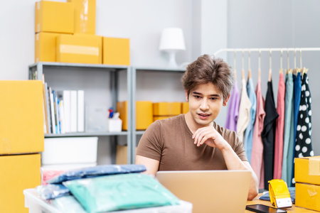 Entrepreneurs Small Business SME freelance working in home office using computer laptops for commercial checking, online marketing, packing boxes, SME sellers, concept, e-commerce team, online salesの写真素材