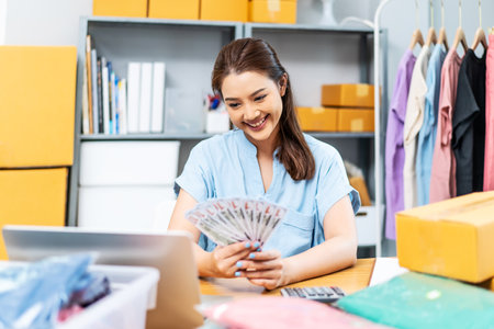 Entrepreneurs Small Business SME freelance, young Asian woman holding US dollars money lot of money happy and proud smile work at home, online marketing packing box delivery, online salesの写真素材
