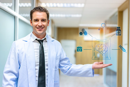 Brain issues medical concept. Doctor shows the brain of a person and connection with modern virtual...
