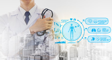 Doctor standing outdoors with cityshows digital healthcare and medical equipment icons, Brain Analysis, DNA, medical technology and futuristic concept, The concept of treatment from diseaseの写真素材