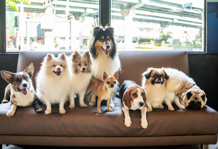 Many dog breeds friend lay down sit relax together on sofa with cheerful and happinessの写真素材