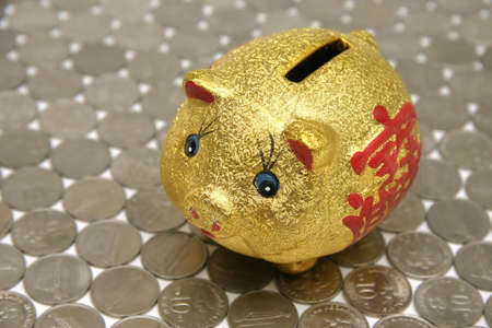 Chinese Piggy-bank money box with a prosperity symbol on a floor of moneyの写真素材