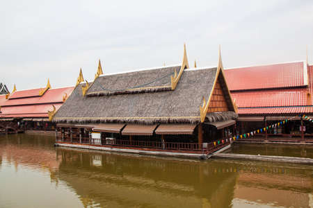 Thai building on the water under the skyのeditorial素材