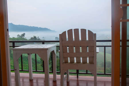 Chair on the porch for view fogのeditorial素材
