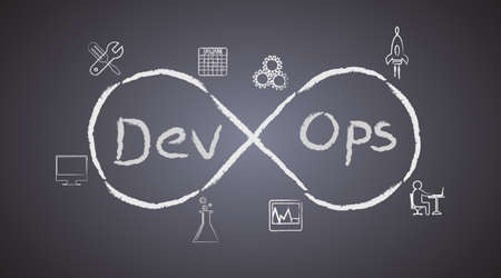 Concept of DevOps on blackboard background, illustrates the process of software development and operations work together achieve continues development through automation toolsのイラスト素材