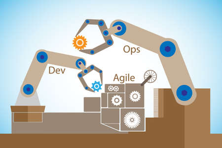 concept of DevOps, illustrates software delivery automation through collaboration and communication between software development and information technology operations in agile developmentのイラスト素材