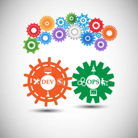 Concept of DevOps, illustrates communication and collaboration between Software development and information technology operation teams, this also represents various stages of delivery processのイラスト素材