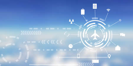 abstract blurred blue sky and white cloud from window seat airplane background with virtual air...