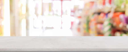 blur local supermarket store background with cement perspective tabletop to showing product or ads...