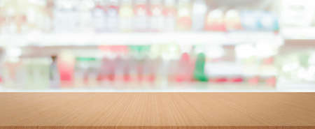 blur local supermarket convenience fresh beverage zone store background with wood perspective...
