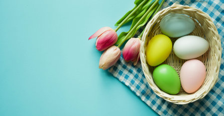 Colorful Easter eggs in a basket with tulips on a blue background