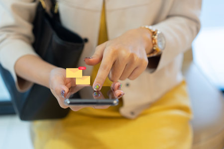 close up businesswoman hand touching on smartphone screen to check email and reply with colleagues for business financial and technology and work for home conceptの写真素材