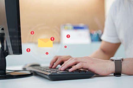 close up computer engineering writing programming code in database on keyboard desktop computer to...