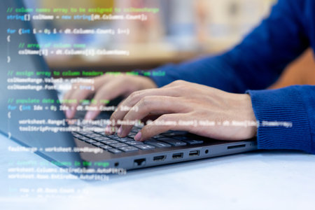 close up computer programmer man hand typing configuration on keyboard at laptop for input coding...
