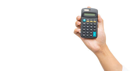 close up employee man hand holding calculator isolated on white color background for business and...