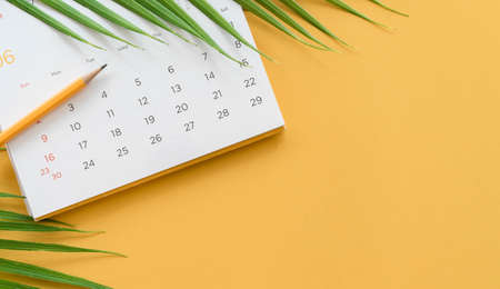 close up top view on white calendar 2021 with pencil and tropical leaves on yellow table background for planning work and life balance in holiday summer conceptの写真素材