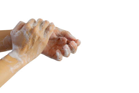 close up adult man washing and rubbing hand to cleaning soap isolated on white background for...