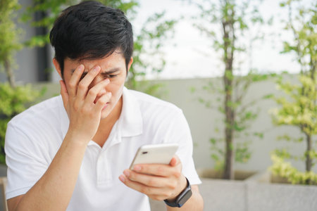 close up young teenager man frowned on face with serious feeling while reading comment on social media or website or blog from smartphone for cyber bullying conceptの写真素材