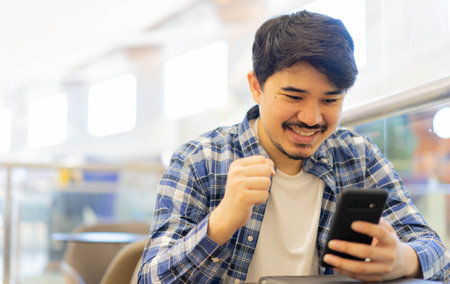 close up adult asian middle eastern man using smartphone with emotional surprise feeling after...