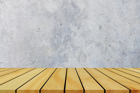 close up retro plain gray tone color cement wall background texture with wood perspective counter...