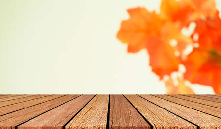 blurry orange leaves nature forest landscape background with vintage perspective wood for show and promote production display in autumn and fall seasonal conceptの写真素材