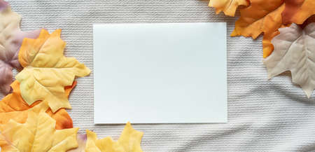 close up top view white blank paper page with group of dried orange color maple leaves on ripple...