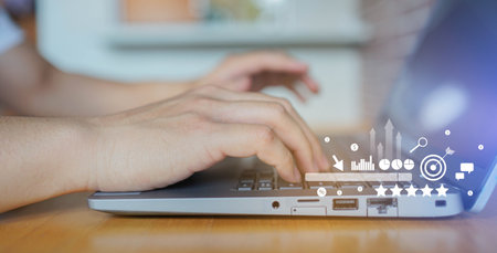 close up man hand touch screen on digital tablet to use marketing tool and check traffic research of...