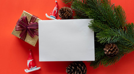 close up top view on white blank invitation paper on red solo background with pine cone, gift and santa class toy for merry christmas festival design conceptの写真素材