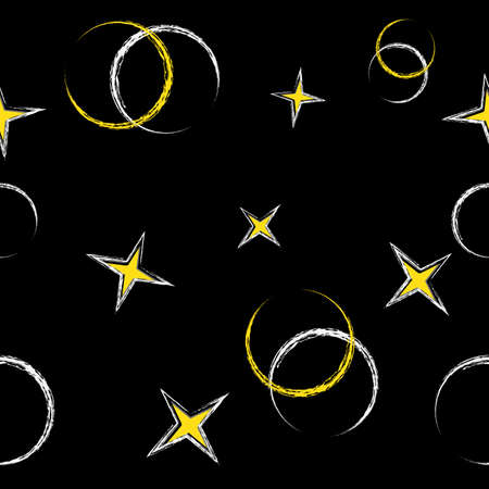 Seamless night sky pattern with white and yellow colour on black background.のイラスト素材