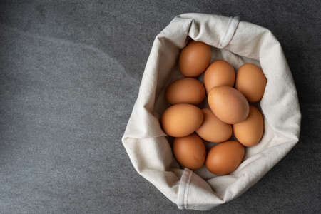 Chicken egg in bag on the concrete table background.の写真素材